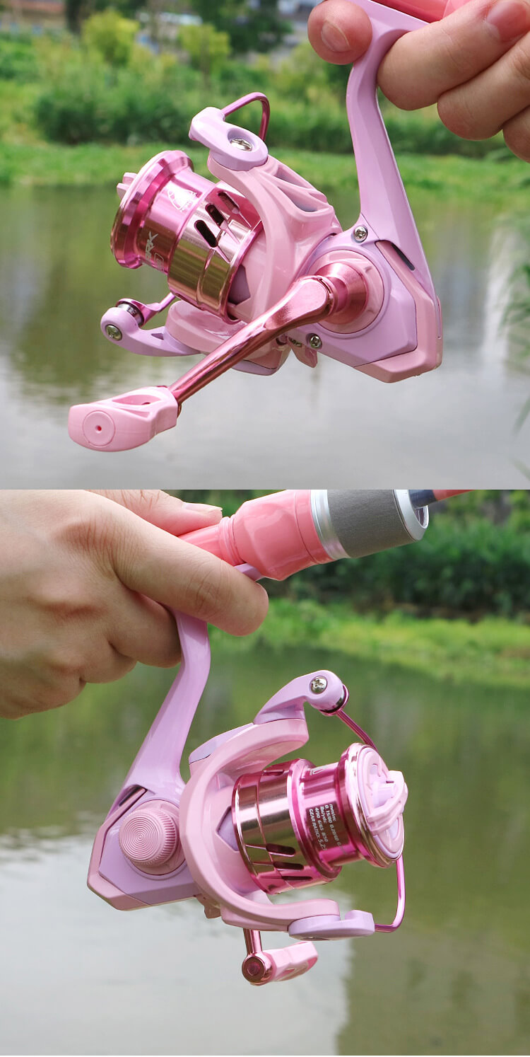 the pink spinning reel and the fishing rod